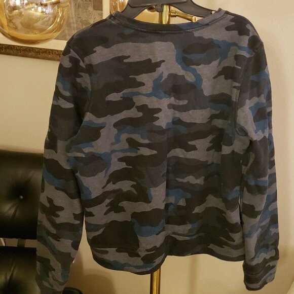 EUC Small Theory Camo Print Sweatshirt Blue Gray Long Sleeve Crew Neck Cotton - Picture 2 of 4